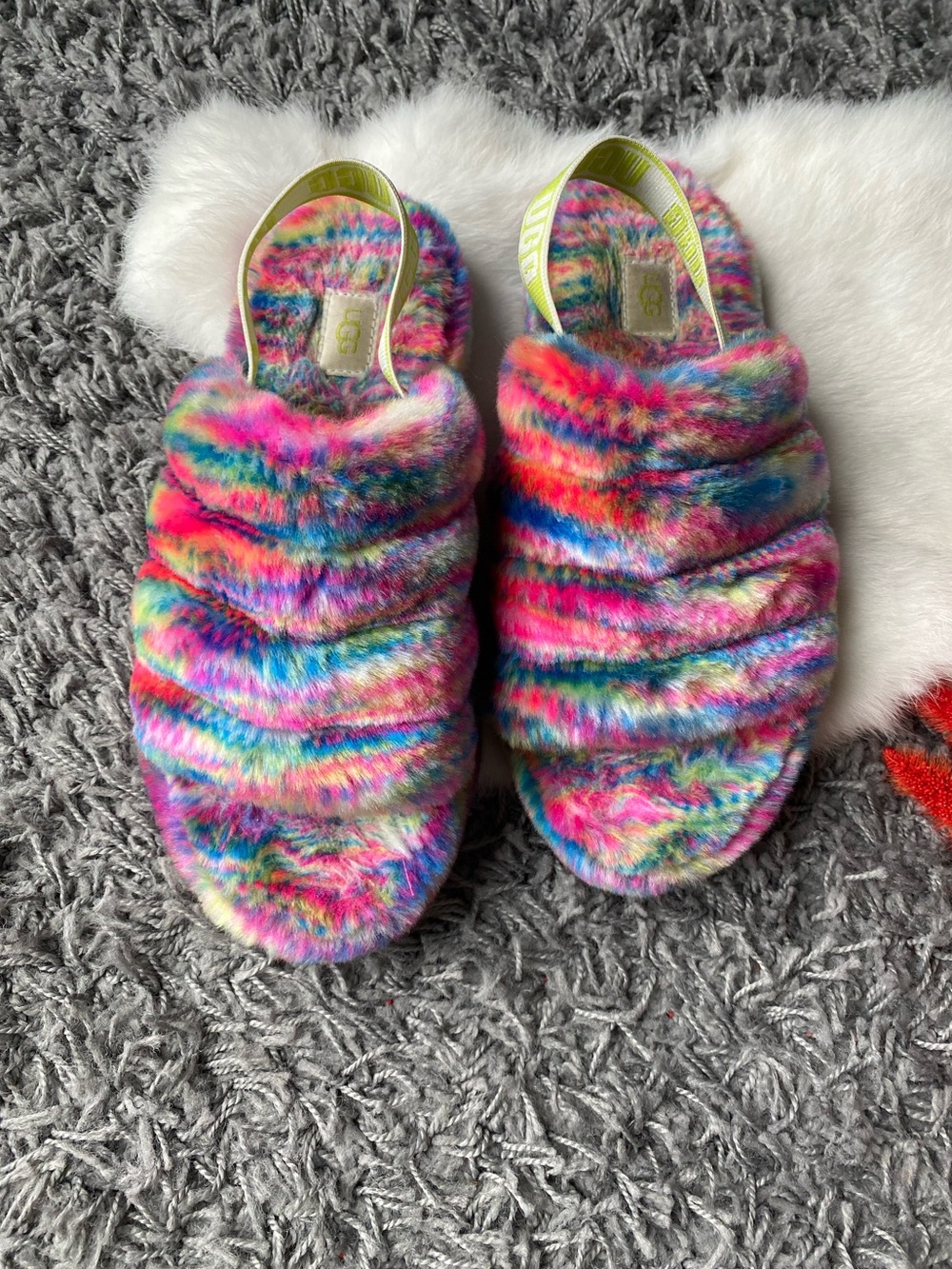 UGG Fluff Yeah Rainbow Fuzzy Slip on Sandals